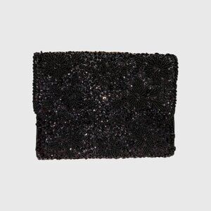 Simon by Ernest Blum Kiss Black Beaded Sequin Clutch Purse Floral